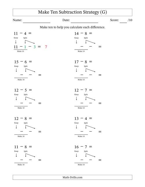 The Make Ten Subtraction Strategy (G) Math Worksheet