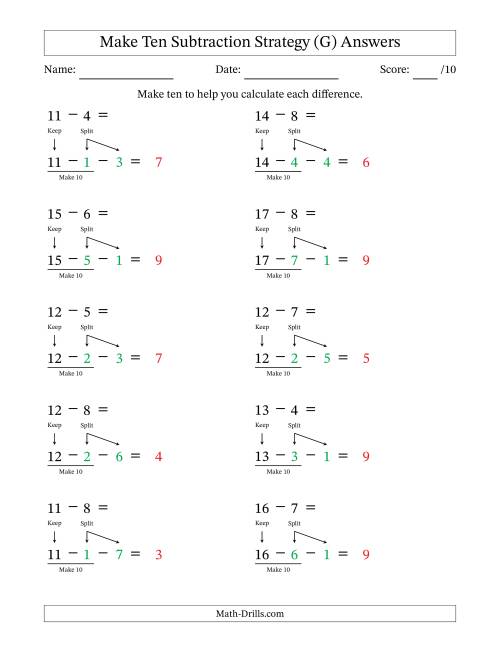 The Make Ten Subtraction Strategy (G) Math Worksheet Page 2