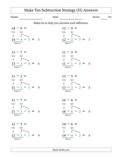 The Make Ten Subtraction Strategy (H) Math Worksheet Page 2