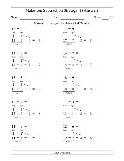 The Make Ten Subtraction Strategy (I) Math Worksheet Page 2