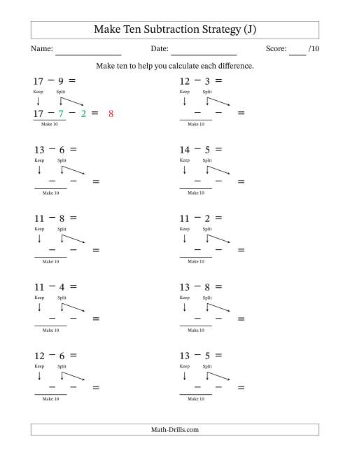 The Make Ten Subtraction Strategy (J) Math Worksheet