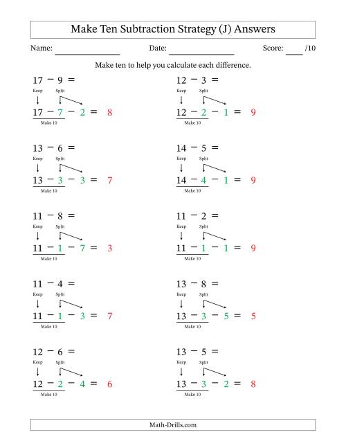 The Make Ten Subtraction Strategy (J) Math Worksheet Page 2