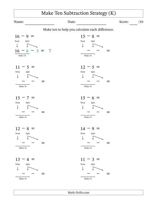 The Make Ten Subtraction Strategy (K) Math Worksheet