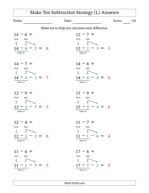 The Make Ten Subtraction Strategy (L) Math Worksheet Page 2