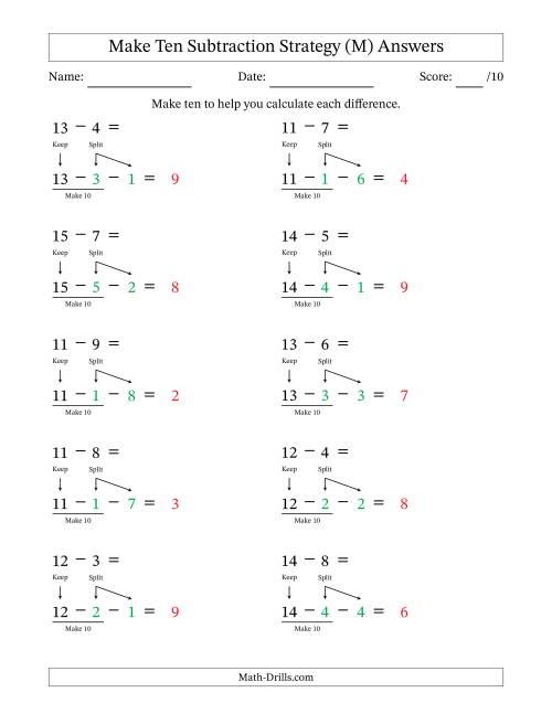 The Make Ten Subtraction Strategy (M) Math Worksheet Page 2