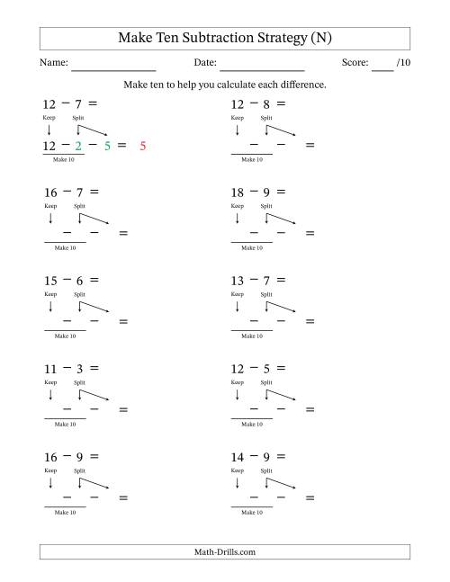 The Make Ten Subtraction Strategy (N) Math Worksheet