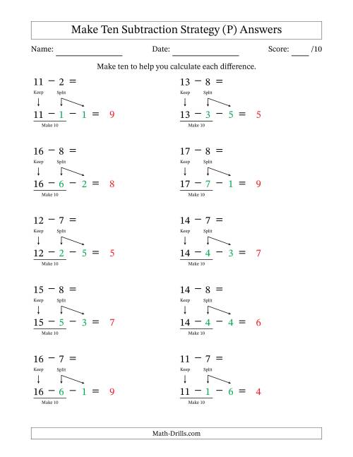 The Make Ten Subtraction Strategy (P) Math Worksheet Page 2
