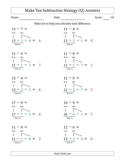 The Make Ten Subtraction Strategy (Q) Math Worksheet Page 2
