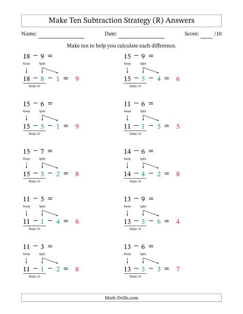 The Make Ten Subtraction Strategy (R) Math Worksheet Page 2