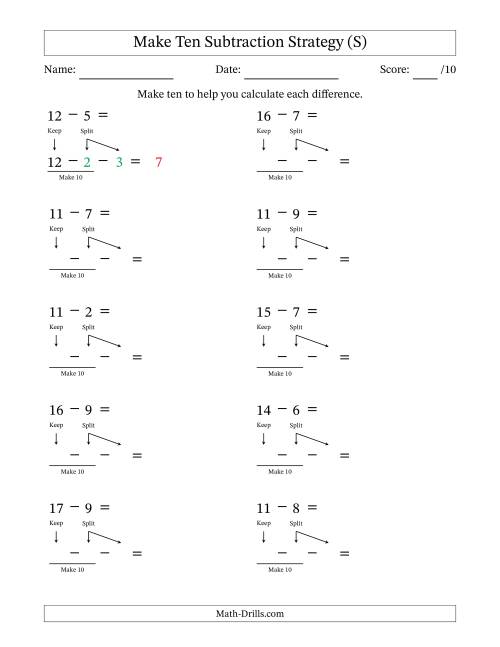 The Make Ten Subtraction Strategy (S) Math Worksheet