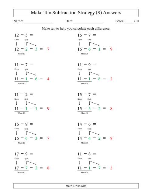 The Make Ten Subtraction Strategy (S) Math Worksheet Page 2