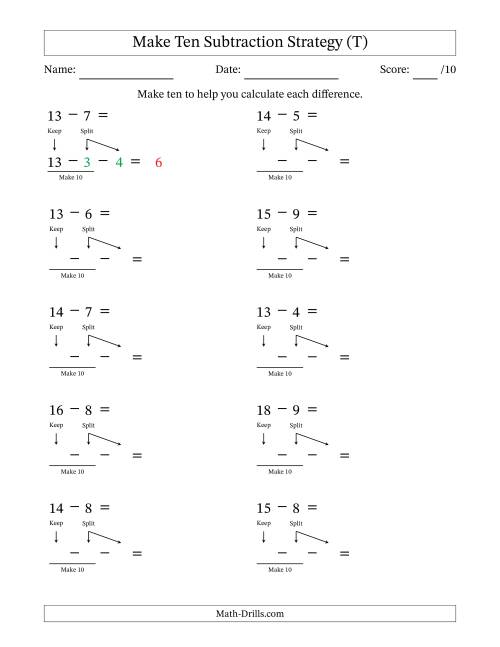 The Make Ten Subtraction Strategy (T) Math Worksheet