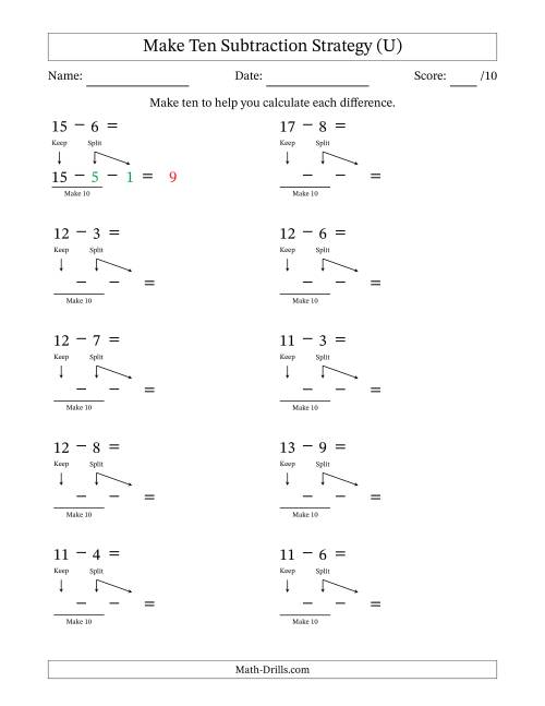 The Make Ten Subtraction Strategy (U) Math Worksheet