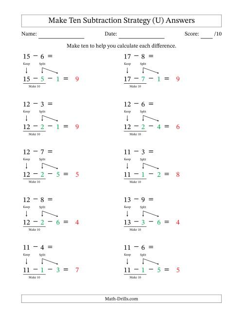 The Make Ten Subtraction Strategy (U) Math Worksheet Page 2