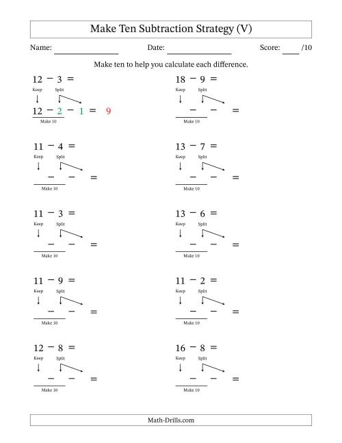 The Make Ten Subtraction Strategy (V) Math Worksheet
