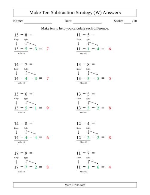 The Make Ten Subtraction Strategy (W) Math Worksheet Page 2