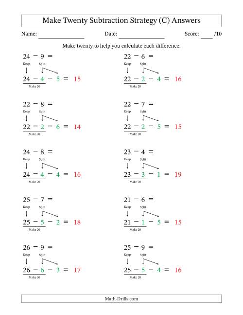 The Make Twenty Subtraction Strategy (C) Math Worksheet Page 2