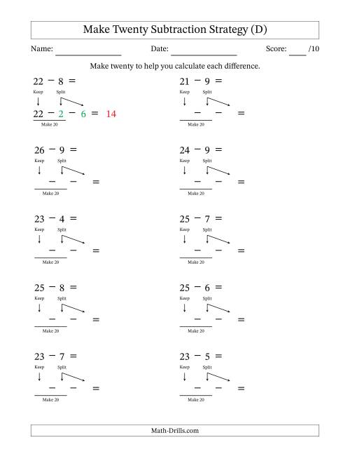 The Make Twenty Subtraction Strategy (D) Math Worksheet