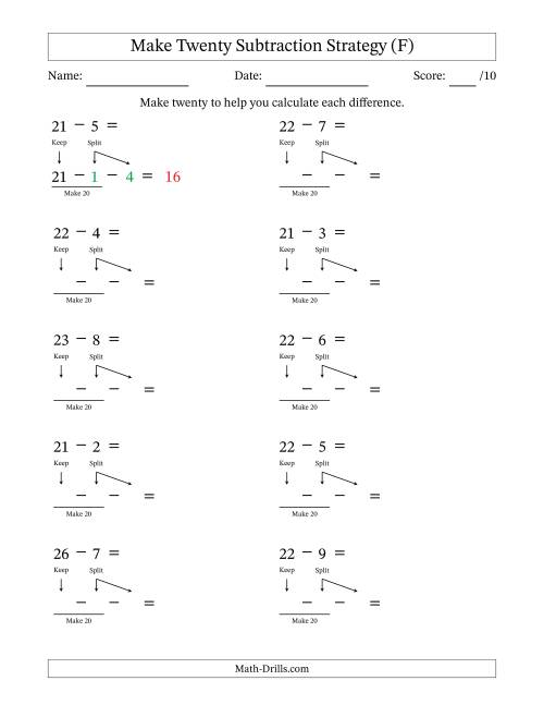 The Make Twenty Subtraction Strategy (F) Math Worksheet
