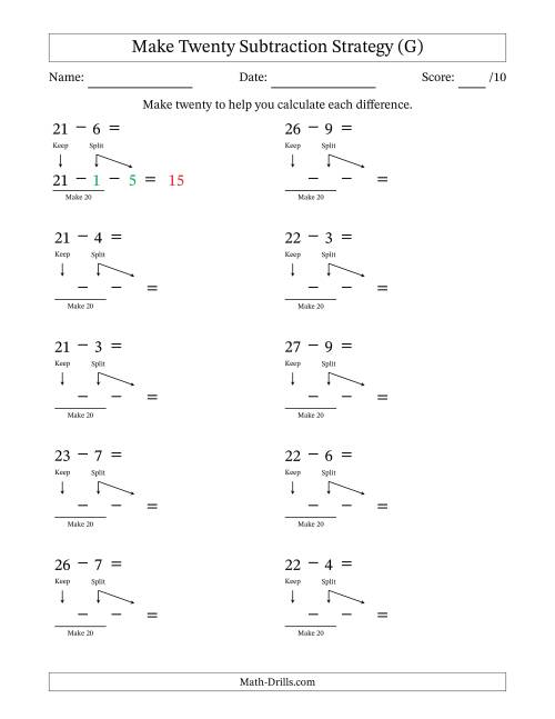 The Make Twenty Subtraction Strategy (G) Math Worksheet