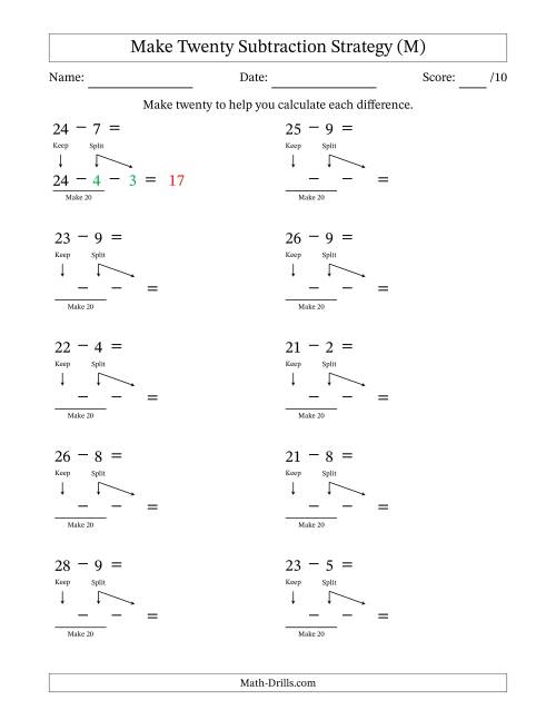 The Make Twenty Subtraction Strategy (M) Math Worksheet