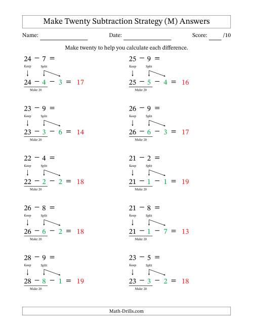 The Make Twenty Subtraction Strategy (M) Math Worksheet Page 2