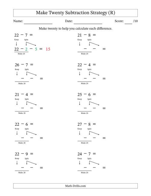 The Make Twenty Subtraction Strategy (R) Math Worksheet
