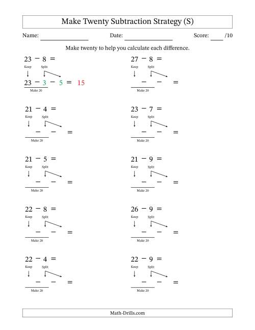 The Make Twenty Subtraction Strategy (S) Math Worksheet