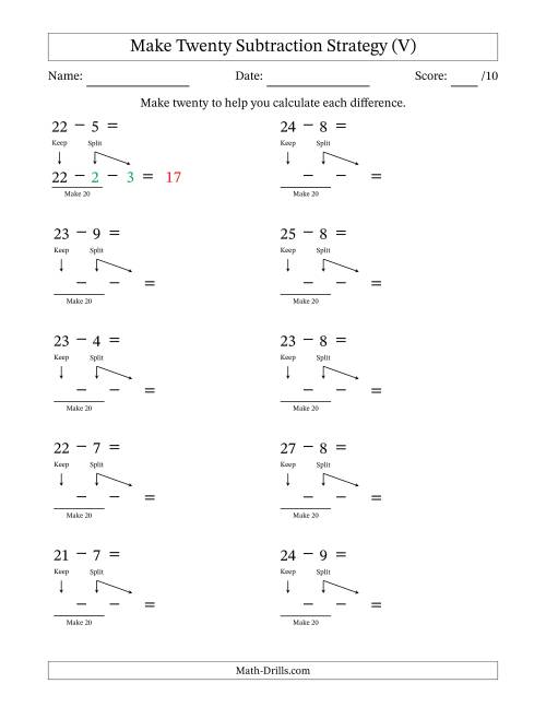 The Make Twenty Subtraction Strategy (V) Math Worksheet