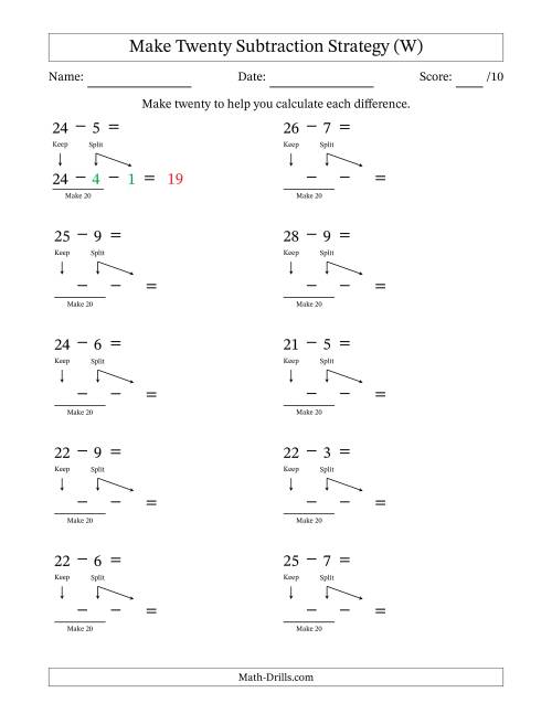 The Make Twenty Subtraction Strategy (W) Math Worksheet