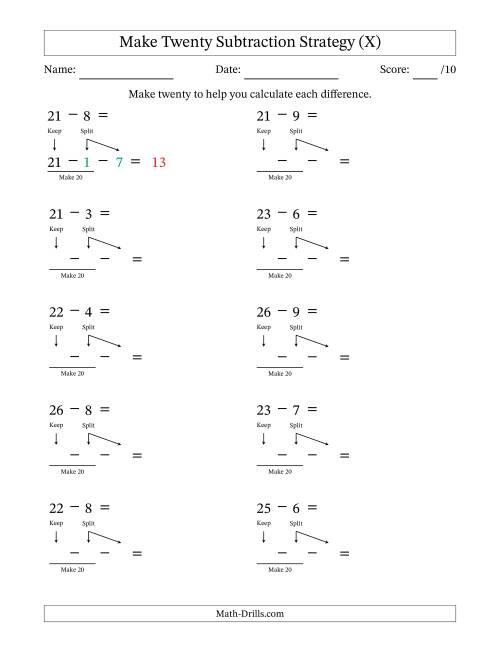 The Make Twenty Subtraction Strategy (X) Math Worksheet