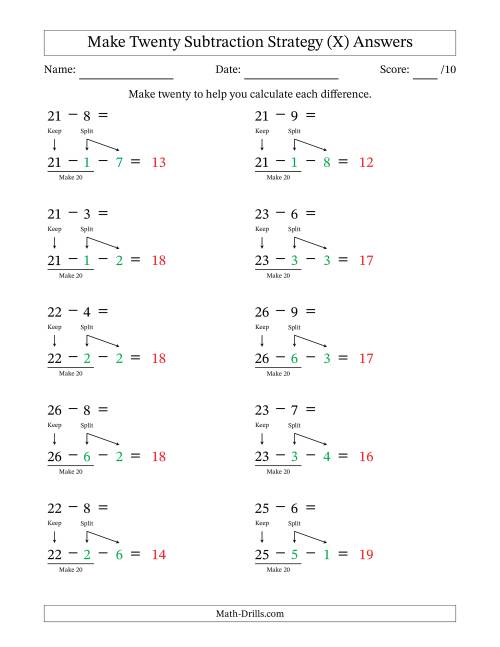 The Make Twenty Subtraction Strategy (X) Math Worksheet Page 2