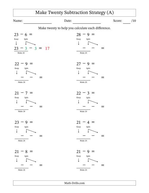 The Make Twenty Subtraction Strategy (All) Math Worksheet