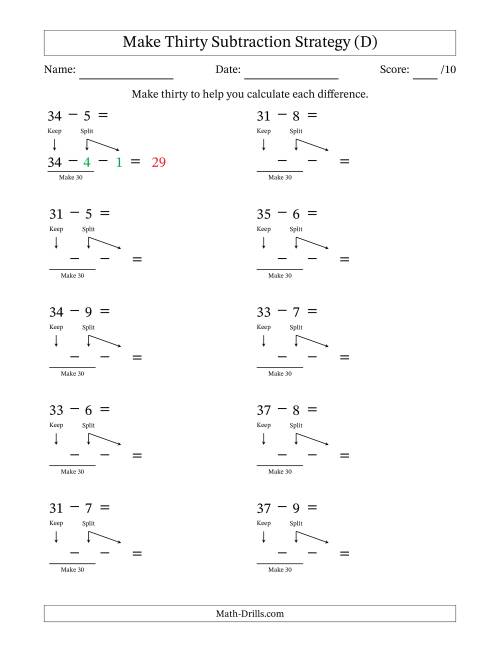 The Make Thirty Subtraction Strategy (D) Math Worksheet