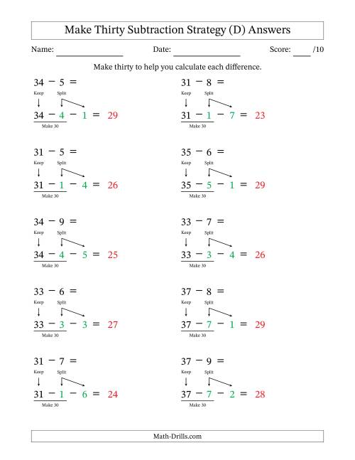 The Make Thirty Subtraction Strategy (D) Math Worksheet Page 2
