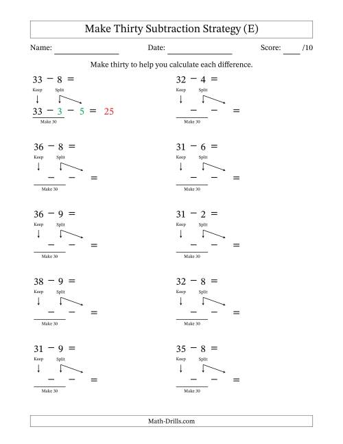 The Make Thirty Subtraction Strategy (E) Math Worksheet