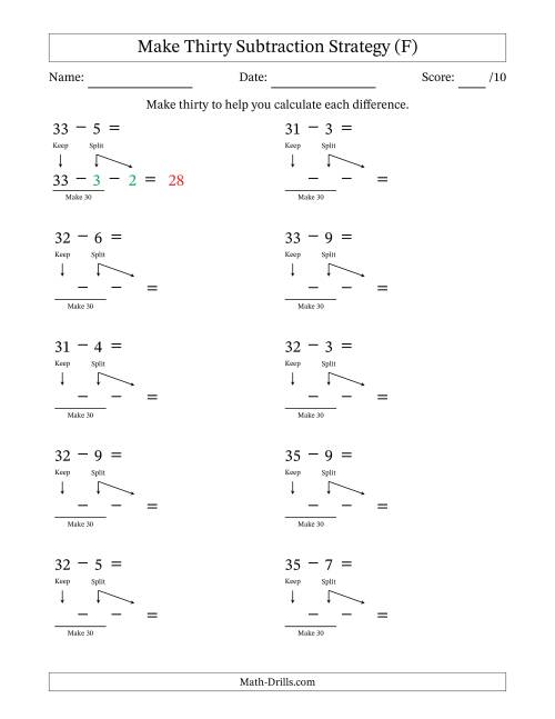 The Make Thirty Subtraction Strategy (F) Math Worksheet