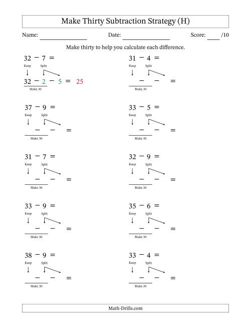 The Make Thirty Subtraction Strategy (H) Math Worksheet