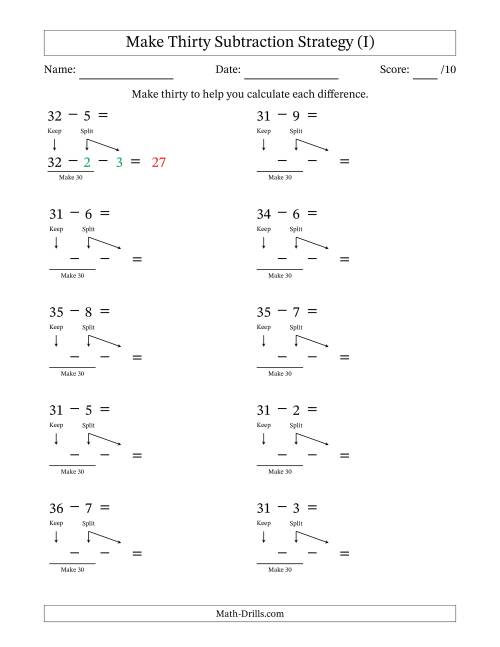 The Make Thirty Subtraction Strategy (I) Math Worksheet