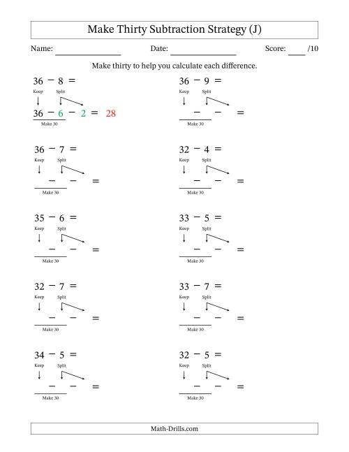 The Make Thirty Subtraction Strategy (J) Math Worksheet