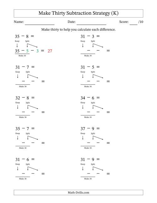 The Make Thirty Subtraction Strategy (K) Math Worksheet