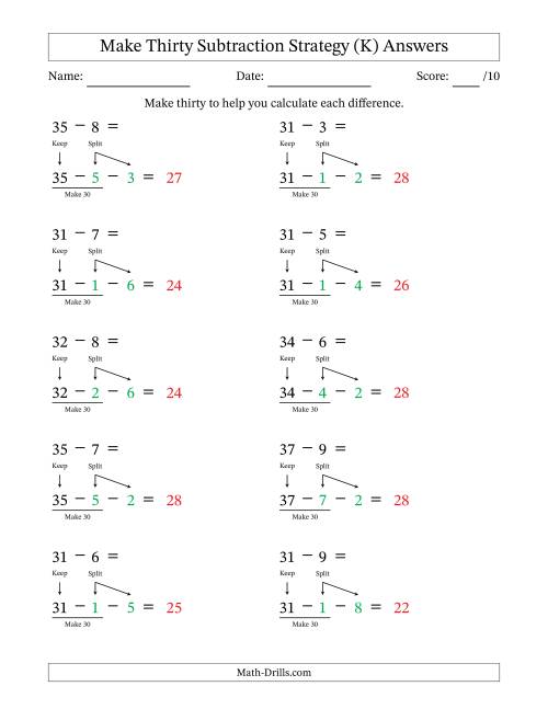 The Make Thirty Subtraction Strategy (K) Math Worksheet Page 2