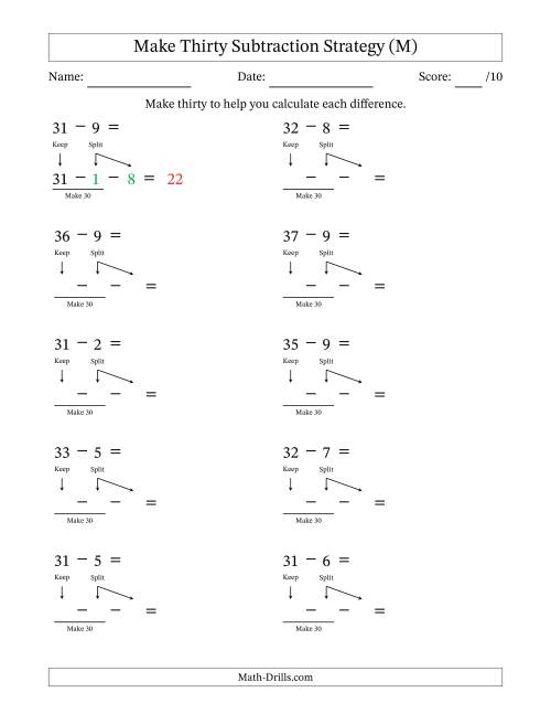 The Make Thirty Subtraction Strategy (M) Math Worksheet