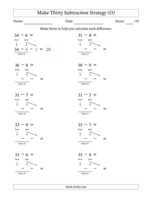The Make Thirty Subtraction Strategy (O) Math Worksheet