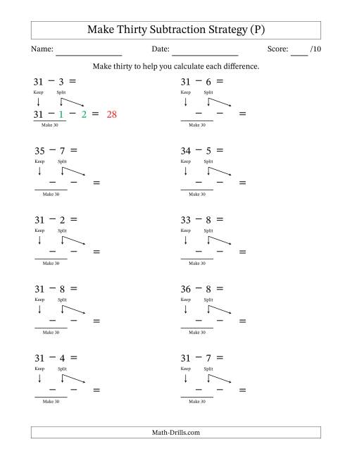 The Make Thirty Subtraction Strategy (P) Math Worksheet