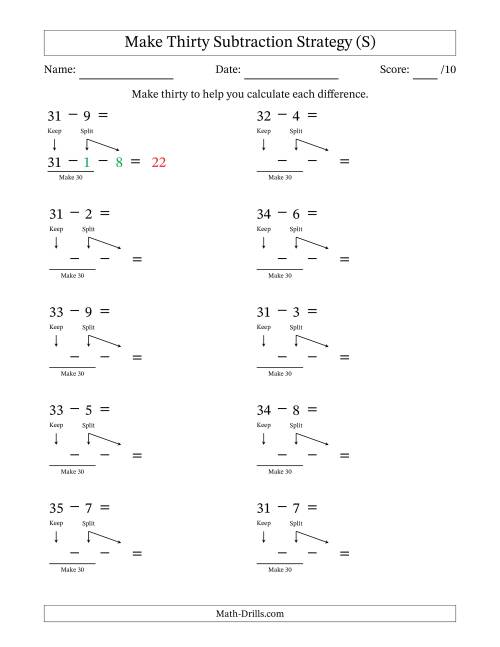 The Make Thirty Subtraction Strategy (S) Math Worksheet