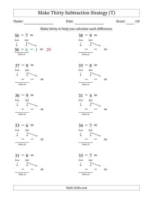 The Make Thirty Subtraction Strategy (T) Math Worksheet