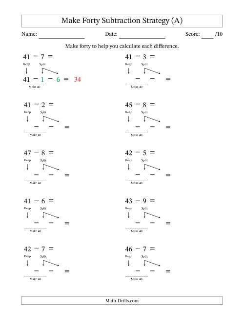The Make Forty Subtraction Strategy (A) Math Worksheet
