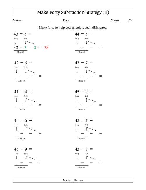 The Make Forty Subtraction Strategy (B) Math Worksheet