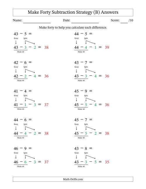 The Make Forty Subtraction Strategy (B) Math Worksheet Page 2